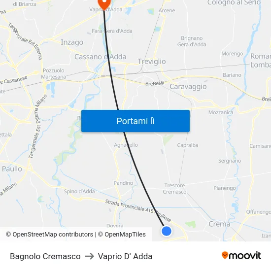 Bagnolo Cremasco to Vaprio D' Adda map