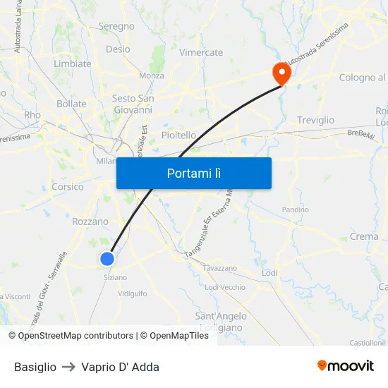 Basiglio to Vaprio D' Adda map