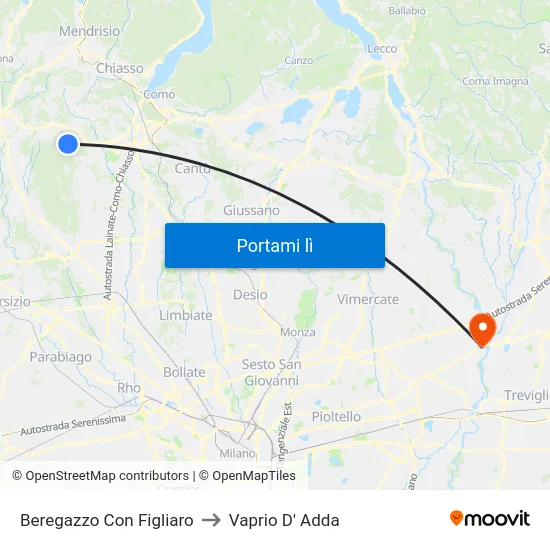 Beregazzo Con Figliaro to Vaprio D' Adda map