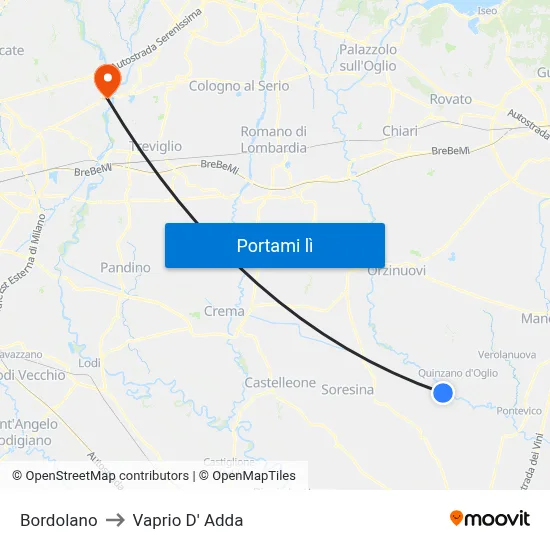 Bordolano to Vaprio D' Adda map