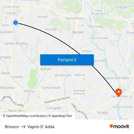 Briosco to Vaprio D' Adda map