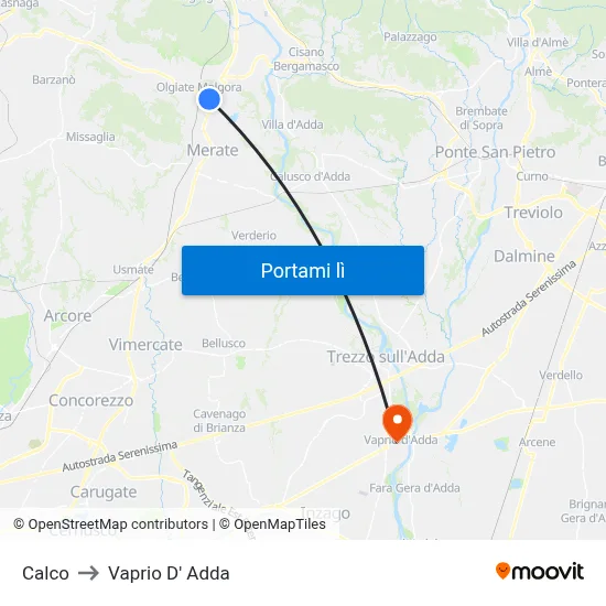 Calco to Vaprio D' Adda map