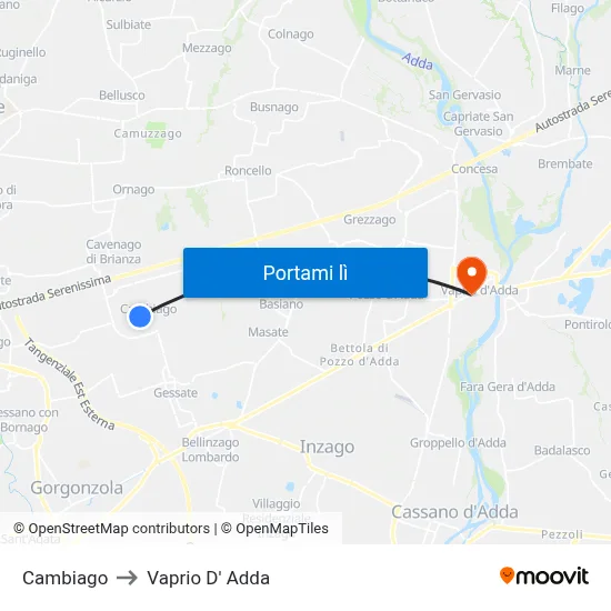 Cambiago to Vaprio D' Adda map