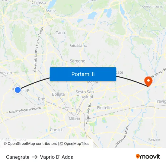 Canegrate to Vaprio D' Adda map