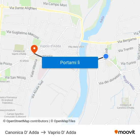 Canonica D' Adda to Vaprio D' Adda map