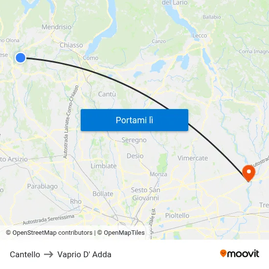 Cantello to Vaprio D' Adda map