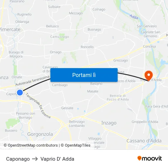 Caponago to Vaprio D' Adda map