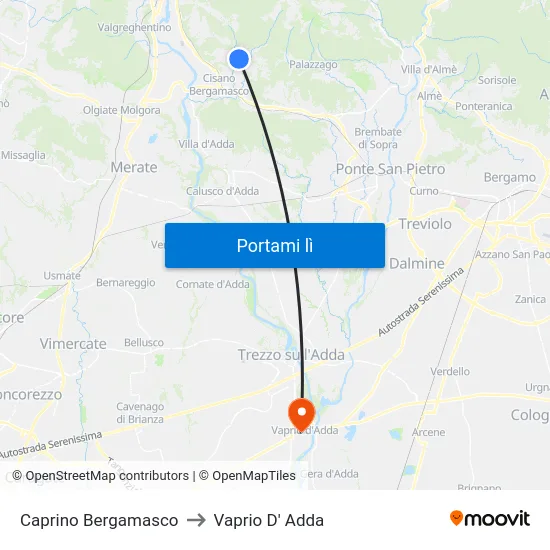 Caprino Bergamasco to Vaprio D' Adda map