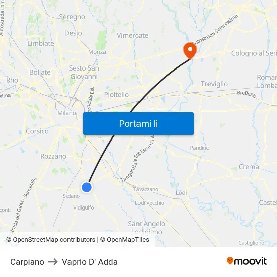 Carpiano to Vaprio D' Adda map