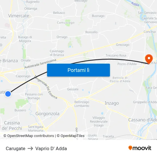Carugate to Vaprio D' Adda map