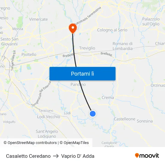 Casaletto Ceredano to Vaprio D' Adda map