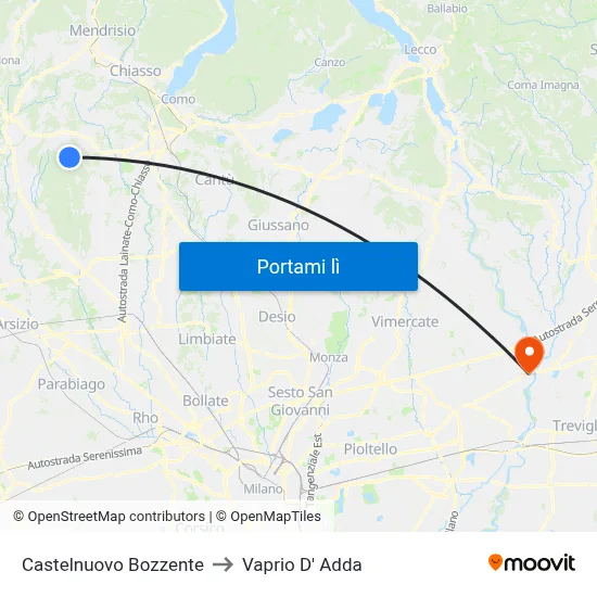 Castelnuovo Bozzente to Vaprio D' Adda map
