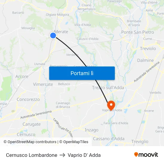 Cernusco Lombardone to Vaprio D' Adda map
