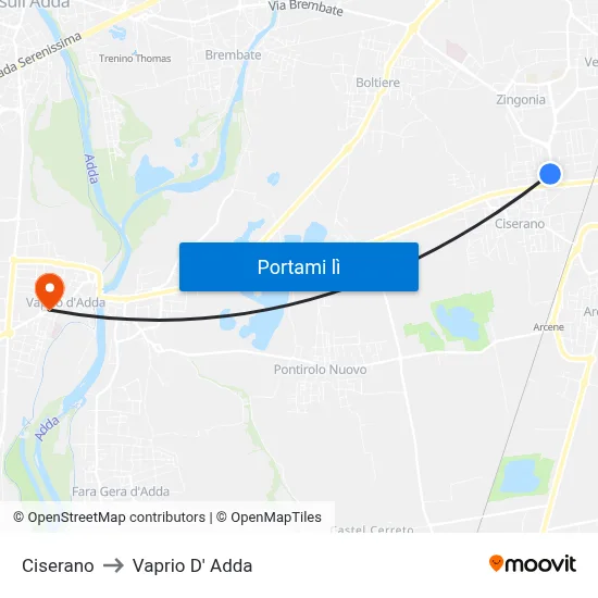 Ciserano to Vaprio D' Adda map