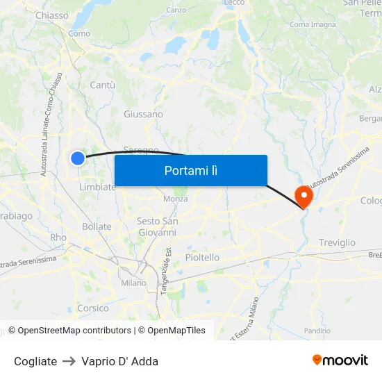 Cogliate to Vaprio D' Adda map