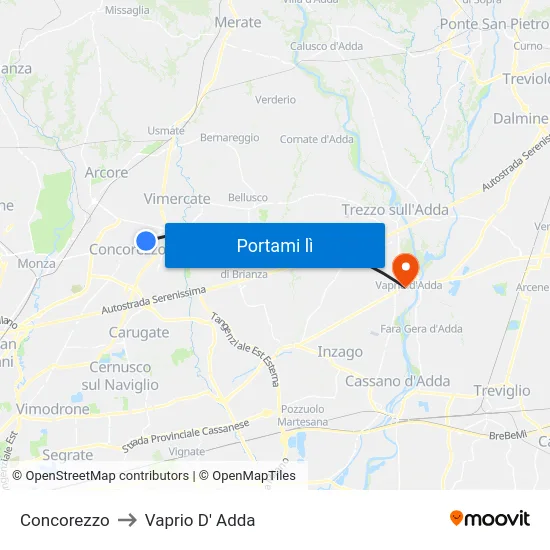 Concorezzo to Vaprio D' Adda map