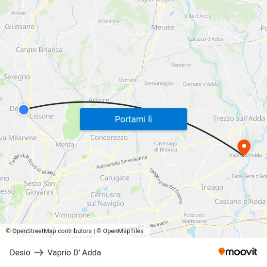 Desio to Vaprio D' Adda map