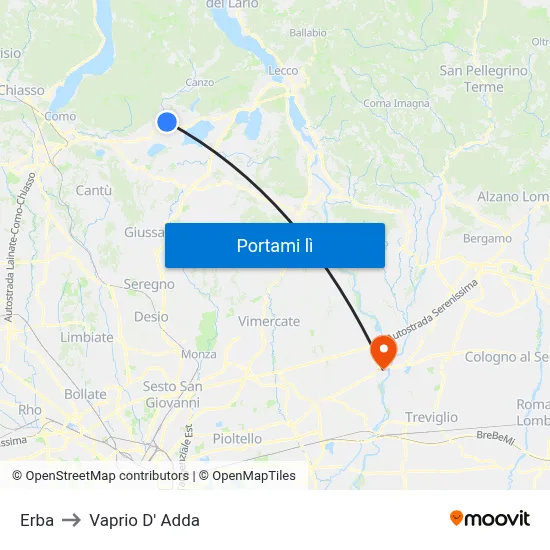 Erba to Vaprio D' Adda map