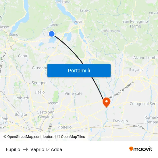 Eupilio to Vaprio D' Adda map