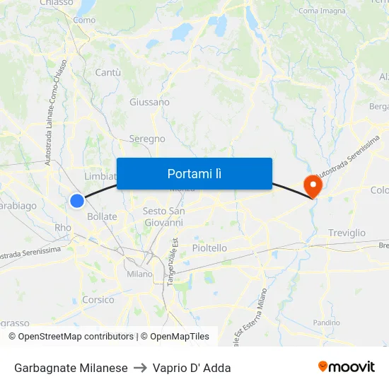 Garbagnate Milanese to Vaprio D' Adda map