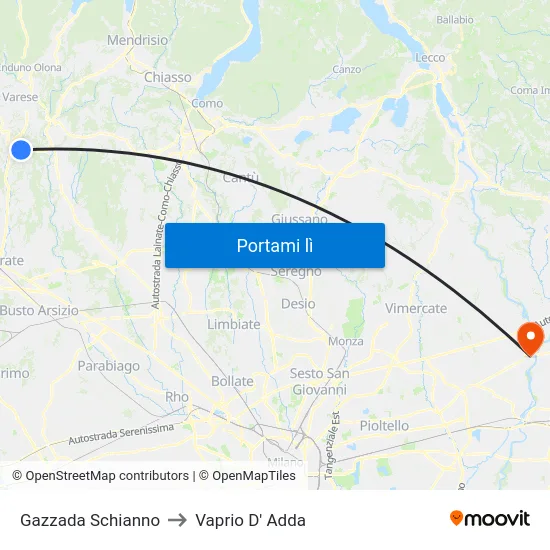 Gazzada Schianno to Vaprio D' Adda map