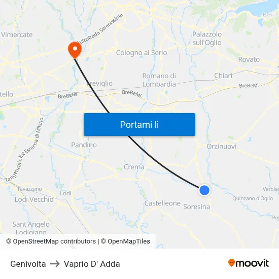 Genivolta to Vaprio D' Adda map