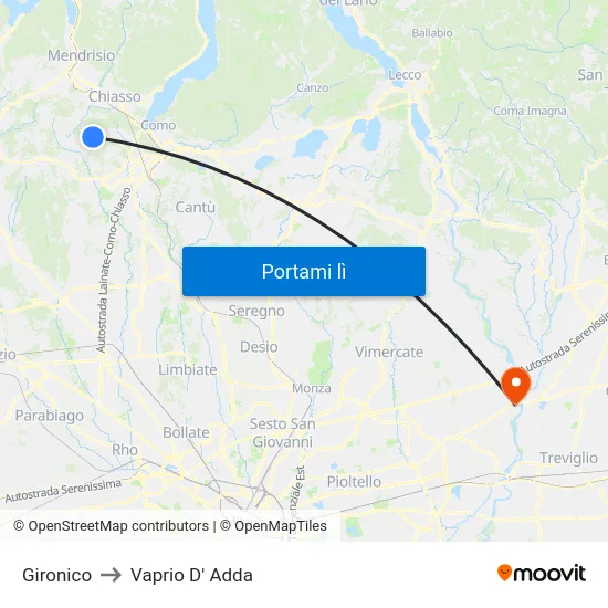 Gironico to Vaprio D' Adda map