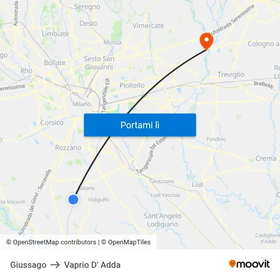 Giussago to Vaprio D' Adda map