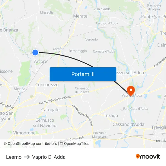 Lesmo to Vaprio D' Adda map