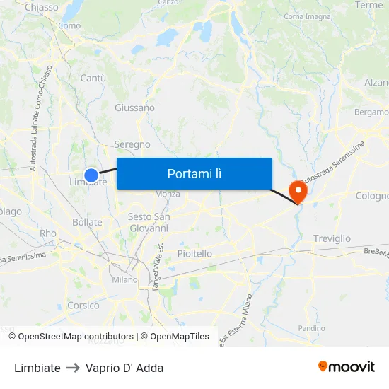 Limbiate to Vaprio D' Adda map