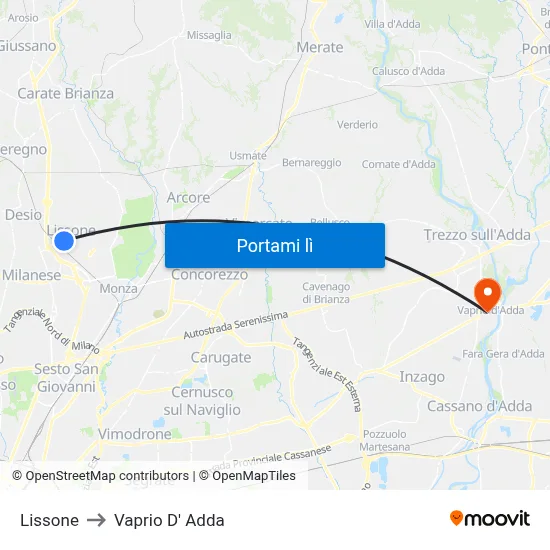 Lissone to Vaprio D' Adda map
