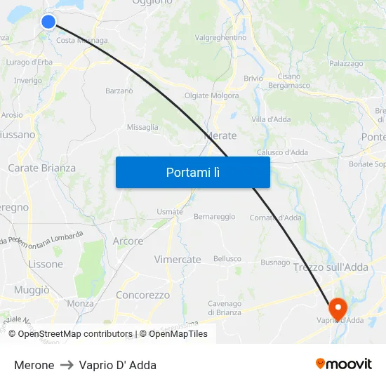 Merone to Vaprio D' Adda map