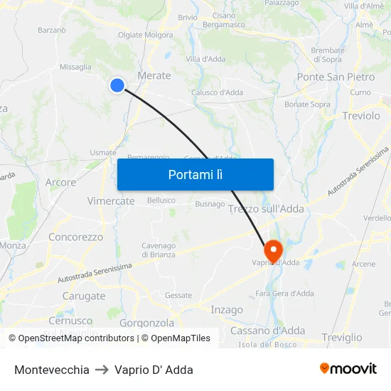 Montevecchia to Vaprio D' Adda map