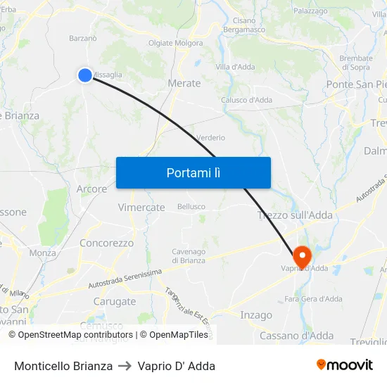 Monticello Brianza to Vaprio D' Adda map