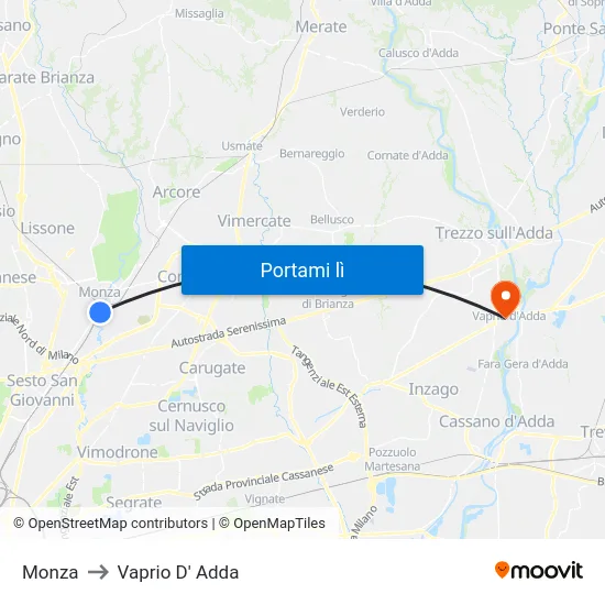 Monza to Vaprio D' Adda map