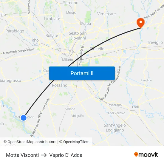 Motta Visconti to Vaprio D' Adda map