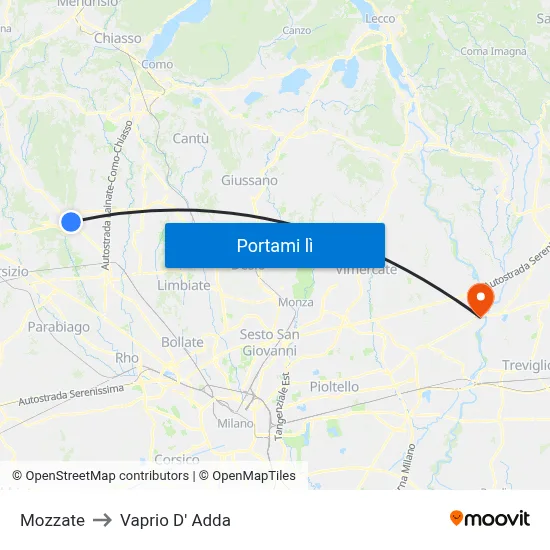 Mozzate to Vaprio D' Adda map