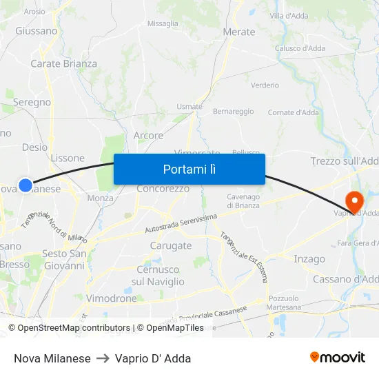 Nova Milanese to Vaprio D' Adda map