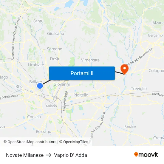 Novate Milanese to Vaprio D' Adda map