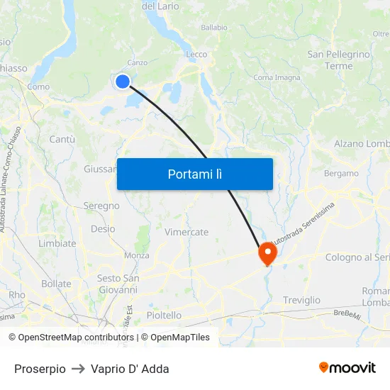 Proserpio to Vaprio D' Adda map