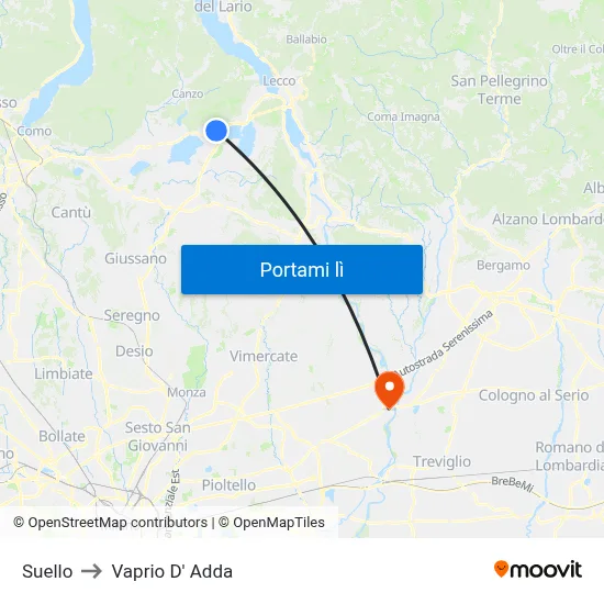 Suello to Vaprio D' Adda map