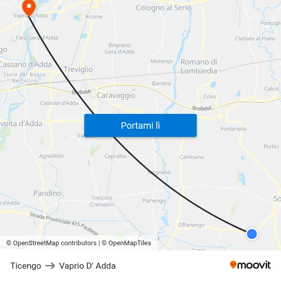 Ticengo to Vaprio D' Adda map