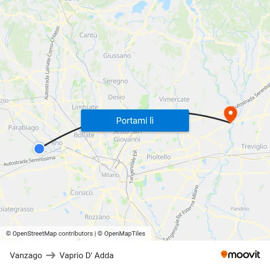 Vanzago to Vaprio D' Adda map