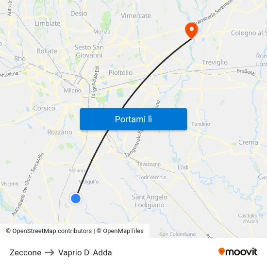 Zeccone to Vaprio D' Adda map