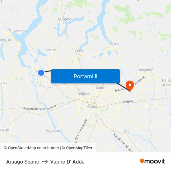 Arsago Seprio to Vaprio D' Adda map
