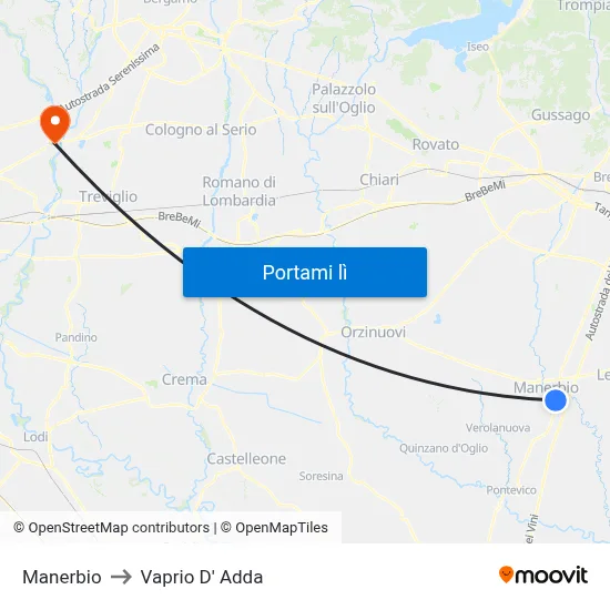 Manerbio to Vaprio D' Adda map