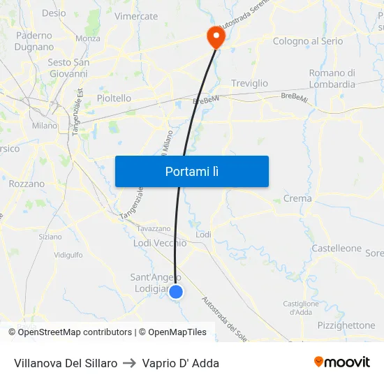 Villanova Del Sillaro to Vaprio D' Adda map