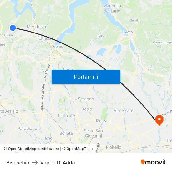 Bisuschio to Vaprio D' Adda map