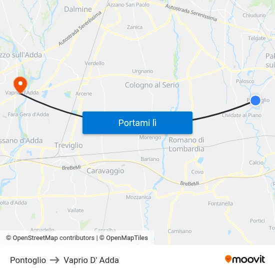 Pontoglio to Vaprio D' Adda map