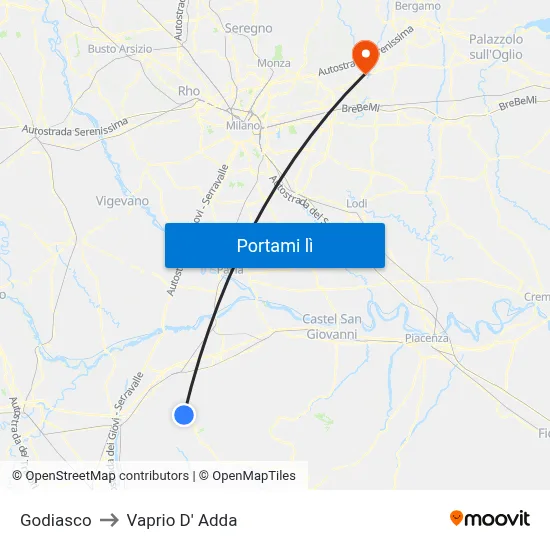 Godiasco to Vaprio D' Adda map